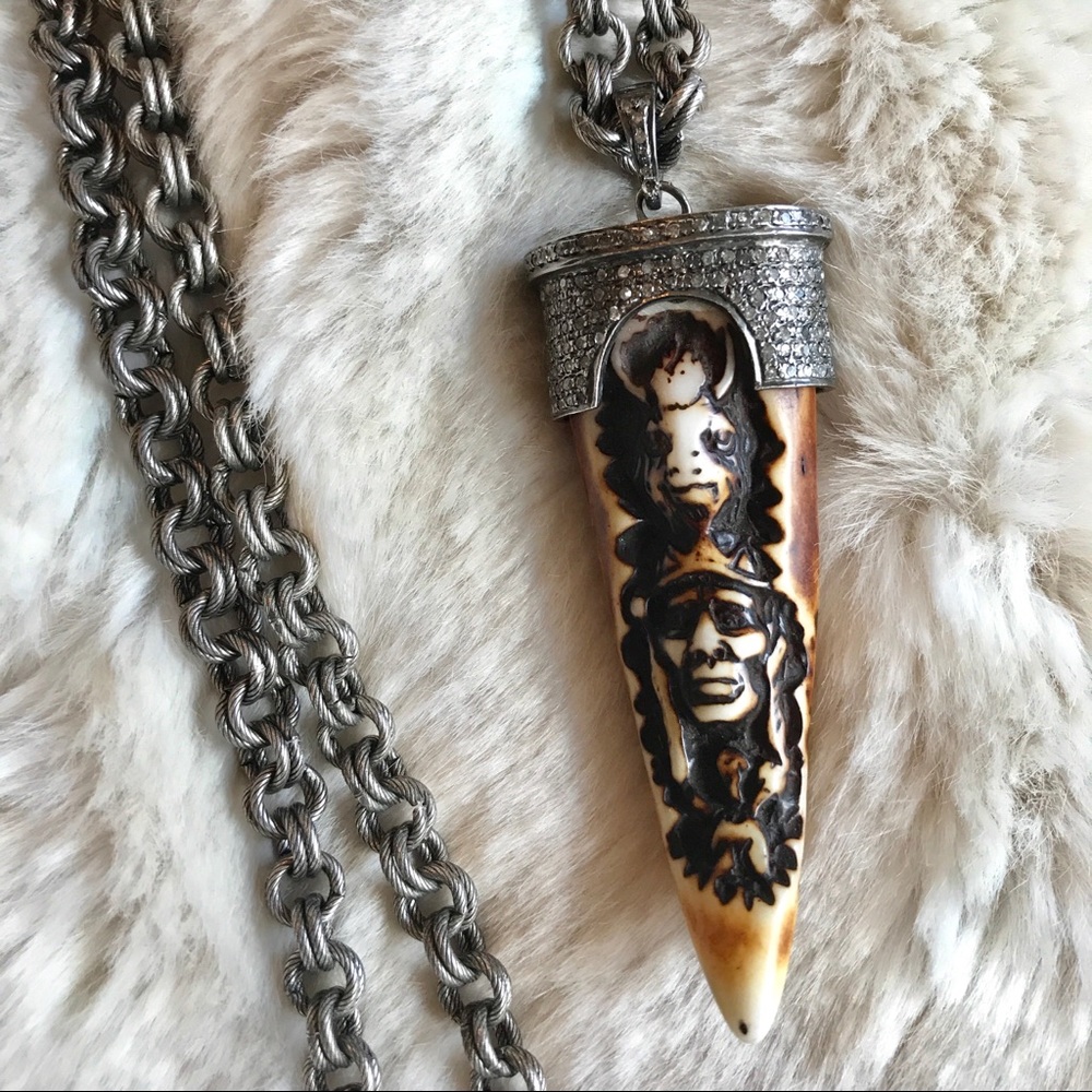 Carved Bone Diamond Pendant Necklace